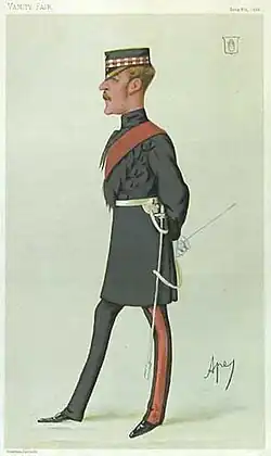 Full-length caricature of Gordon-Summing, pictured in profile and in uniform