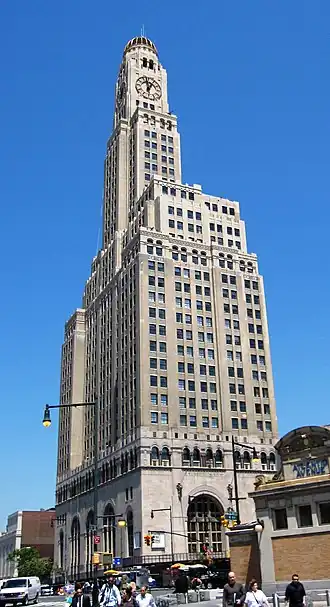 Williamsburgh Savings Bank Tower, a limestone art-deco high-rise building, viewed from street level