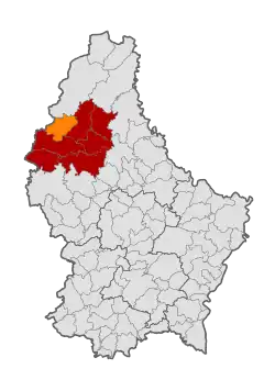 Map of Luxembourg with Winseler highlighted in orange, and the canton in dark red