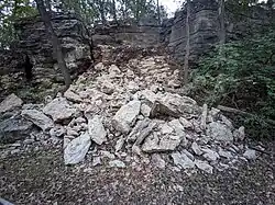 Railroad cut showing new rockfall of Bethany Falls Limestone next to older cliffs. Note the gray color of the weathered limestone vs the buff color of the new rockfall. Raytown, Missouri.