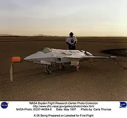 A technician at Dryden prepares the X-36 for its first flight