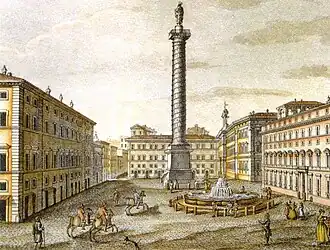 19th century print of the fountain in the Piazza Colonna