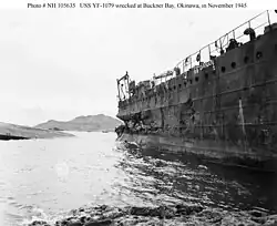 Barge YF-1079 in Buckner Bay, damaged in Typhoon