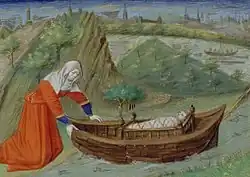 Moses being "exposed," very much in an "ark," 15th-century miniature