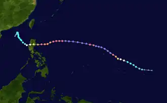 A track map showing the path of a very powerful typhoon. It begins northeast of Pohnpei moving westward, before going in a general west-northwestward direction. The typhoon then crosses the Mariana Islands, reaching the Philippine Sea, before turning west-southwestward and then westward as it approached Luzon. It passes through the island and into the South China Sea, where it turns northwestward and then northward. At the end, the storm moves south-southwestward before dissipating southeast of Hong Kong.