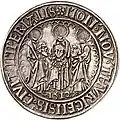 MON(eta) NOV(a) THVRICENSIS CIVIT(atis) IMPERIALIS: "new coin of Zurich, imperial city", 1512 (with Zurich's patron saints Felix, Regula and Exuperantius)
