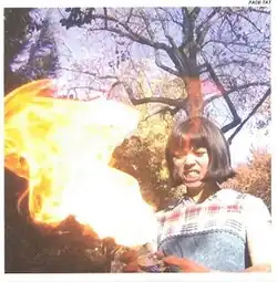 A photograph of an angry woman with short black hair wearing a flannel shirt and overalls. She is holding a compressed air can which is spewing flames that she is glaring at. She is stood in front of a row of trees in daytime. There is a narrow plain white border around the image where the name of the album is handwritten in the top-right corner.