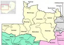 Map of Zambia showing North-Western Province with its districts