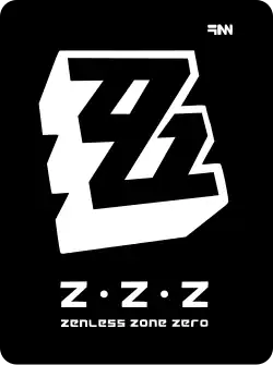 Black curved box logo of Zenless Zone Zero, showing stylized trademark symbol on the top right with black ZZZ logo with white outline formed from four interlocking Zs, the middle part is overlapped. On the bottom there are Z-Z-Z with dot separators and Zenless Zone Zero wordmark in white.