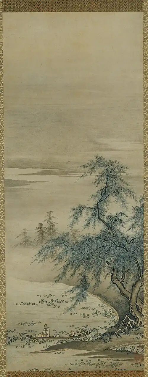 Kanō Masanobu, 15th century founder of the Kanō school, which dominated Japanese brush painting until the 19th century, Zhou Maoshu Appreciating Lotuses, hanging scroll[59]