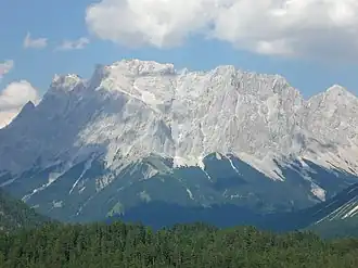Zugspitze Massif including Schneefernerkopf (centre left, 2,874 m or 9,429 ft)