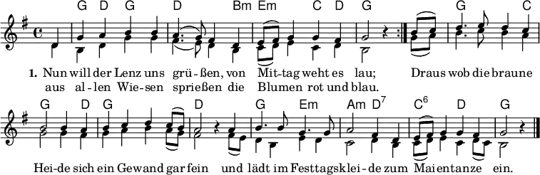 \header { tagline = ##f }
\paper { #(set-paper-size "a4") }
\layout { indent = 0 \context { \Score \remove "Bar_number_engraver" } }
global = { \key g \major \time 4/4 \partial 4 }
chordNames = \chordmode { \global \set ChordNames.midiInstrument = #"acoustic guitar (nylon)"
  \repeat volta 2 { s4 | g,\p d, g,2 | d,2. b,4:m | e,2:m c,4 d, | g,2 s4 }
  s4 | g,2. c,4 | g,2. d,4 | g,1 | d, | g,2 e,:m | a,:m d,:7 c,:6 d, | g, s4 \bar "|."
}
sopVoice = \new Voice = "sopvoice" \relative c' { \global \voiceOne
  \repeat volta 2 { d4 | g a b b | a4. (g8) fis4
    d | e8 (fis) g4 g fis | g2 r4 }
  b8 (c) | d4. e8 d4 c | b2 b4 a | b c d c8 (b8) | a2 r4
  a | b4. b8 g4. g8 | a2 fis4 d | e8 (fis) g4 g fis | g2 r4 \bar "|."
}
altVoice = \new Voice \relative c' { \global \voiceTwo
  \repeat volta 2 { d4 | b d g g | fis4. (e8) d4
    b | c8 (d) e4 c d | b2 r4 }
  g'8 (a) | b4. c8 b4 a | g2 g4
  fis | g a b a8 (g) | fis2 r4
  fis8 (e) | d4 b e d | c2 d4 b | c8 (d) e4 c d8 (c) | b2 r4 \bar "|."
}
verse = \new Lyrics \lyricsto "sopvoice" { \set stanza = #"1."
  << { Nun will der Lenz uns grü -- ßen,
       von Mit -- tag weht es lau; } \new Lyrics { \set associatedVoice = "sopvoice"
       aus al -- len Wie -- sen sprie -- ßen
       die Blu -- men rot und blau. } >>
  Draus wob die brau -- ne Hei -- de
  sich ein Ge -- wand gar fein
  und lädt im Fest -- tags -- klei -- de
  zum Mai -- en -- tan -- ze ein.  
}
chordsPart = \new ChordNames \chordNames
VoicePart = \new Staff \with { midiInstrument = "flute" \consists "Merge_rests_engraver" }
  { << \sopVoice \\ \altVoice >> } \addlyrics { \verse }
\score {
  <<
    \chordsPart
    \VoicePart
  >>
  \layout { }
}
\score { \unfoldRepeats { << \chordsPart \\ \VoicePart >> }
  \midi { \tempo 4=120 }
}