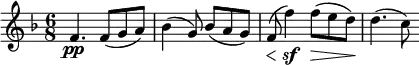 \relative c' {
        \set Score.currentBarNumber = #37
        \key f \major
        \time 6/8
        f4.\pp f8( g a)
        bes4( g8) bes( a g)
        \override DynamicLineSpanner.staff-padding = #2
        f(\< f'4)\sf f8(\> e d)\!
        d4.( c8)
    }