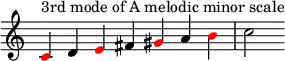 {
\override Score.TimeSignature #'stencil = ##f
\relative c' { 
  \clef treble \time 7/4 \key a \minor
  \once \override NoteHead.color = #red c4^\markup { "3rd mode of A melodic minor scale" } d \once \override NoteHead.color = #red e fis \once \override NoteHead.color = #red gis a \once \override NoteHead.color = #red b c2 }
}