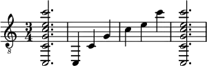 {
\clef "treble_8"
\time 3/4
<c, c g c' e' c''>2.
<c, >4
<c >4
<g  >4
<c' >4
<e' >4
<c'' >4
<c, c g c' e' c''>2.
}