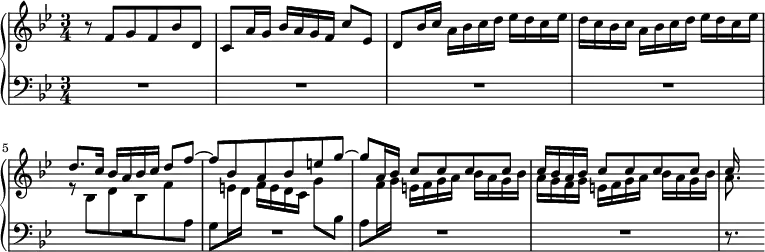 \language "english"
{
 <<
   \new PianoStaff <<
     \new Staff = "RH" \relative c' {\key bf \major \time 3/4 r8 f g f bf d, | c a'16 g bf a g f c'8 ef, | d bf'16 c a bf c d ef d c ef | {d c bf c a bf c d ef d c ef} |
                                     << {d8. c16 bf a bf c d8 f~ } \\ {r8 bf,, d bf f' \change Staff = "LH" a,} >> | << \relative c''{f bf, a bf e g~} \\ {\change Staff = "LH" g \change Staff = "RH" e'16 d f e d c g'8 \change Staff = "LH" bf,} >> | << \relative c'''{g a,16 bf c8 c c c} \\ {\change Staff = "LH" a \change Staff = "RH" f'16 g e f g a bf a g bf} >> | << {c16 bf a bf c8 c8 c8 c8} \\ {a16 g f g e f g a bf a g bf} >> | << {c} \\ {a8.} >> }
     \new Staff = "LH" \relative c' {\key bf \major \clef bass \time 3/4 R1 * 3/4 | R | R | R | R | R | R | R | r8.}
   >>
 >>
}