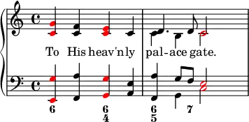 {
\override Score.SpacingSpanner.strict-note-spacing = ##t
\set Score.proportionalNotationDuration = #(ly:make-moment 1/8)
      \new PianoStaff <<
        \new Staff <<
            \new Voice \relative c' {
                \clef treble \time 4/4
                \once \override NoteHead.color = #red <c g'>4 <c f> \once \override NoteHead.color = #red <c e> c 
                \stemDown c4 b \once \override NoteHead.color = #red c2
                }
               \addlyrics { To His heav'n -- ly pal -- ace gate. }
            \new Voice \relative c' {
                s1 \stemUp d4. d8 \once \override NoteHead.color = #red c2
                }
            >>
        \new Staff <<
            \new Voice \relative c, {
                \clef bass \time 4/4
                \once \override NoteHead.color = #red <e g'>4  <f a'> \once \override NoteHead.color = #red <g g'> <a e'> 
                <f a'> \stemDown g \once \override NoteHead.color = #red c2
                }
            \new Voice \relative c' {
                s1 s4 \stemUp g8 f \once \override NoteHead.color = #red e2
                }
  \figures {
    <6>2 <6 4>2 <6 5>4. <7>8
  }
            >>
    >> }