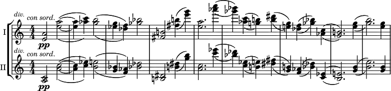\language "english"
\relative c'
{
\new StaffGroup
<<
\new Staff = "violin"
\with
{
instrumentName = "I"
midiInstrument= "violin"
midiMinimumVolume = 0.2
midiMaximumVolume = 0.3
}
{ \clef "treble"
\numericTimeSignature
\tempo 4 = 55
\set Score.tempoHideNote = ##t
\time 4/4
\set doubleSlurs = ##t
\pp^\markup { \hspace #-8 \italic \abs-fontsize #9 div. \hspace #0 \italic \abs-fontsize #10 \lower #1 "con sord." }
<a' e>2 <a' e>2( ~ %1
<a e>4 <af c>4) <b g>2( %2
<g ef>4 <f df>4) <bf gf>2 %3
<b,! fs> <b'! fs>4( <e g>) %4
<a, e>2. <c' af>4( %5
<bf gf>) <af, c>( <b! g!>) <b ds>( %6
<g e!>) <f df>( <bf gf>) <c, af>( %7
<g b!>2.) <g' e>4( %8
<b g>2.) <g e>4 %9
%<a, fs>( <fs' d>) <a fs>( <c a> %10
%<bf gf>) <c, af>( <b! g!>) <ds' !b>( %11
%<g, e!> <f df>) <bf gf>( \<<af, c>)\! %12
}
\new Staff = "violin"
\with
{
instrumentName = "II"
midiInstrument= "violin"
midiMinimumVolume = 0.2
midiMaximumVolume = 0.3
}
{ \numericTimeSignature
\time 4/4
\set doubleSlurs = ##t
\pp^\markup { \hspace #-8 \italic \abs-fontsize #9 div. \hspace #0 \italic \abs-fontsize #10 \lower #1 "con sord." }
<c,, a>2 <c' a>2( ~ %1
<c a >4 <ef c>) <e b>2( %2
<bf g>4 <af f>) <bf! df>2 %3
<ds, b!>2 <ds' b!>4( <b' g>) %4
<a, c>2. <ef'' c>4( %5
<df bf>) <ef, c>( <e b!>) <fs ds>( %6
<b,! g>) <af f>( <df bf>) <ef, c>( %7
<e! b>2.) <g b>4( %8
<e' b>2.) <b g>4 %9
%<d, a>( <a' fs>) <d a>( <f! c> %10
%<df bf>) <ef, c>( <e! !b>) <fs' ds>( %11
%<b,! g> <af f>) <df bf>( \<<ef, c>)\! %12
}
>>
}