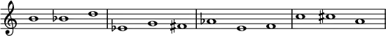 {
\override Score.TimeSignature
#'stencil = ##f
\override Score.SpacingSpanner.strict-note-spacing = ##t
  \set Score.proportionalNotationDuration = #(ly:make-moment 1/1)
    \relative c'' {
        \time 3/1
        \set Score.tempoHideNote = ##t \tempo 1 = 60
        b1 bes d  
        es, g fis  
        aes e f  
        c' cis a
    }
}