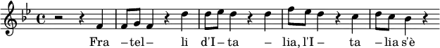 \relative f' { \clef treble \time 4/4 \key bes \major r2 r4 f4 f8 g8 f4 r4 d'4 d8 ees8 d4 r4 d4 f8 ees8 d4 r4 c4 d8 c8 bes4 r4 } \addlyrics { Fra – tel – li d'I – ta – lia, l'I – ta – lia s'è de – sta }