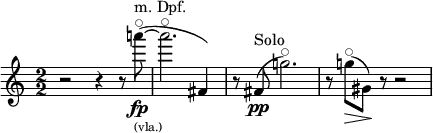 \relative c'''' {
  \clef treble \override Staff.TimeSignature.style = #'numbered \time 2/2
  \set Score.tempoHideNote = ##t \tempo 2 = 50 \accidentalStyle dodecaphonic
  \set Staff.midiInstrument = "string ensemble 1"
  r2 r4 r8 a8^"m. Dpf."^\flageolet_\markup { \tiny (vla.) }\fp~( | a2.^\flageolet fis,,4) \set Staff.midiInstrument =  #"viola" | r8 fis8^"Solo"\pp( g'2.)^\flageolet | r8 g8^\flageolet(\> gis,8) \! r8 r2 |
}