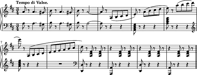 \relative b' {
\new PianoStaff <<
\new Staff {
\key b \minor \time 3/4
\set Score.tempoHideNote = ##t
\tempo "Tempo di Valse." 2. = 64
a8 r a4. gis8 | b r a4. gis8 | b r a2 ~ | a8 r a,8( b cis d | e) r a( b cis d | e) r a( b cis d | e) r a,,,( b cis d | e fis g a b cis |
d) r <a, d fis>8 r <a d fis> r | r4 <a d fis>8 r <a d fis> r | r4 <a d fis>8 r <a d fis> | r r4 <a d fis>8 r <a d fis> r | \bar "||"
}
\new Staff {
\key b \minor \time 3/4 \clef bass
a8 r a4. gis8 | b r a4. gis8 | b r a2 ~ | a8 r r4 r | <g e cis a>8 r r4 r | <a cis e g>8 r r4 r | \clef treble <a' cis e g>8 r r4 r | R2. |
\clef bass <d,,, d'>8 r r4 r | <a a'>8 r r4 r | <d d'>8 r r4 r | <a a'>8 r r4 r |
}
>>
}