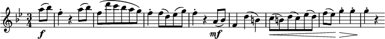 \relative a'' {
\key bes \major \time 3/4
\partial 4 a8( \f bes) | f4-. r a8( bes)
f8( d' c bes a g) | f4-. f8( d) es( g) | f4-. r a,8( \mf bes)
f4 d'( b) | c8( \< b) d( c) es( d)
f8(  es) \! \once \override Hairpin.extra-offset = #'( 0 . -0.8) g4-.\> g-. |g4-. \! r
}