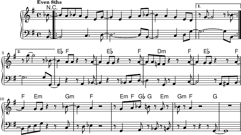 \version "2.22.0"
\header { tagline = "" }
global = {
  \time 4/4
  \key g \major
  \set Score.tempoHideNote = ##t
  \tempo "Even 8ths" 4=157
  \set chordChanges = ##t
  \partial 8
}
chordNames = \transpose c c, \chordmode {
  \global
  r8 |
  \repeat volta 2 { R1*3 | }
  \alternative{
    { R1 | }
    { R1 | }
  }
  es4 f2~ f8 f8~ |
  f4 es2~ es8 f8~ |
  f4 d2:m~ d8:m f8~ |
  f4 es2~ es8 f8~ |
  f4 e2:m~ e8:m g8:m~ |
  g4:m f2.~ |
  f8 e:m f ges g4 e:m |
  g4:m f2~ f8 g8~ |
  g1 |
}
right = \relative c'' {
  \global
  bes8~ |
  \repeat volta 2 {
    bes8 a bes a g4 e8 g~ |
    g4 e g a8 bes~ |
    bes4 a g e8 d
  }
  \alternative {
    { r8 g~ g2 r8 bes8~ \laissezVibrer | }
    { r8 g'~ g2 r8 bes,8~ | }
  }
  bes4 a8 a r4 r8 a8~ |
  a4 g8 g r4 r8 a~ |
  a8 a f f r4 r8 a8~ |
  a4 g8 g r4 r8 a~ |
  a4 g8 g r4 r8 bes~ |
  bes4 a r2 |
  r8 g a bes b r g r |
  bes8 r a4 r2 |
  R1 |
}
left = \relative c {
  \global
  b8~ |
  \repeat volta 2 {
    b2 c4. d8~ |
    d2.~ d8 b8~ |
    b2 c4 d8 g~ |
  }
  \alternative {
    { g2.~ g8 b,8~ \laissezVibrer | }
    { g'2.\repeatTie g8 g,~ }
  }
  g4 r r8 a4 bes8~ |
  bes4 r r8 bes c d~ |
  d4 r8 g, r a4 c8~ |
  c2 r8 a ais b~ |
  b8 d e g r4 r8 c, |
  r8 d es4 r2 |
  r8 g,4 a8 r bes r b |
  r8 c4 r8 r4 r8 g8~ |
  g1 |
}
\score {
  \new PianoStaff <<
    \new ChordNames \chordNames
    \new Staff = "right" { \global \right }
    \new Staff = "left" { \global \clef bass \left }
  >>
  \layout { }
}
\score {
  \unfoldRepeats
  \new PianoStaff <<
    \new ChordNames \chordNames
    \new Staff = "right" { \global \right }
    \new Staff = "left" { \global \clef bass \left }
  >>
  \midi { }
}