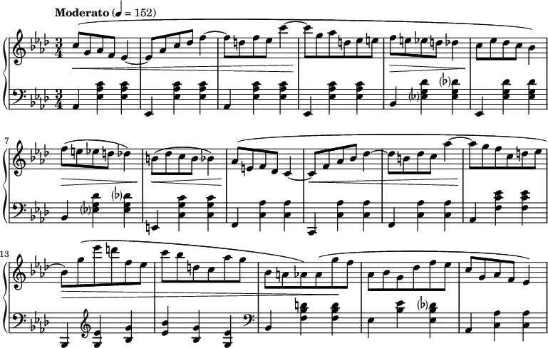\language english
\layout { \context { \PianoStaff \accidentalStyle piano-cautionary } }
\new PianoStaff
<<
\new Staff \fixed c' {
\key af \major
c'8( g af f ef4~ | 8 af c' df' f'4~ | 8 d' f' ef' c''4~ | 8 g' af' d' ef' e' |
f' e' ef' d' df'4 | c'8 ef' df' c' bf4) | f'8( e' ef' d' df'4) | b8( df' c' b bf4) |
af8( e f df c4~ | 8 f af bf df'4~ | 8 b df' c' af'4~ | 8 g' f' c' d' ef' |
bf) g'( ef'' d'' f' ef' | c'' bf' d' c' af' g' | bf a af) 8( g' f' | af bf g df' f' ef' |
c' g af f ef4) |
}
\new Dynamics {
\time 3/4
\tempo "Moderato" 4 = 152
s2.*3\< | s2.\! | s2.\> | s2.\! | s2.\> | s2.\< |
s2.\! | s2.*2\< | s2.\! | s2.*2\> | s2 s4\! |
}
\new Staff {
\clef bass
\key af \major
\repeat unfold 2 { af,4 <ef af c'> q | ef, q q | }
bf, <ef g df'> q | ef, q q | bf, q q | e, <c g c'> q |
f, <c af> q | c, q q | f, q q | af, <f c' ef'> q |
bf,, \clef treble <g ef'> <bf g'> | <ef' bf'> <bf g'> <g ef'> \clef bass | bf, <f bf d'> q |
ef <bf ef'> <ef bf df'> | af, <c af> q |
}
>>