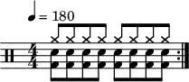 \version "2.22.0"
\header { tagline = ##f}
\score {
  \drums \with {midiInstrument = "drums"}
  \with { \numericTimeSignature }
  {
    \tempo 4 = 180
    \repeat volta 2 {
      <<{cymra8 cymra cymra cymra cymra cymra cymra cymra}\\{<bd sne>8 <bd sne>8 <bd sne>8 <bd sne>8 <bd sne>8 <bd sne>8 <bd sne>8 <bd sne>8 }>>\break
    }
  }
  \layout {}
}
\score {
  \unfoldRepeats {
    \drums \with {midiInstrument = "drums"}{
      \repeat volta 2 {
        <<{cymra8 cymra cymra cymra cymra cymra cymra cymra}\\{<bd sne>8 <bd sne>8 <bd sne>8 <bd sne>8 <bd sne>8 <bd sne>8 <bd sne>8 <bd sne>8 }>>\break
      }
    }
  }
  \midi { \tempo  4 = 180 }
}