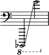 { \override Score.TimeSignature #'stencil = ##f \clef bass
  \ottava #-1 bes,,,,2  \glissando  g2 }