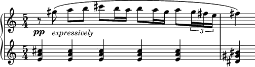 \new GrandStaff <<
\new Staff \relative c'' {
\set Score.tempoHideNote = ##t
\numericTimeSignature
\tempo 4 = 66
\set Staff.midiInstrument = #"piano"
\time 5/4
r8\pp gis'-\markup { \italic "expressively"} (a b cis b16 a b8 a16 gis a 8 \tuplet 3/2 {gis16 fis e} fis4)
}
\new Staff \relative c' {
\set Staff.midiInstrument = #"piano"
<e a cis>4 <e a cis> <e a cis> <e a cis> <e a cis> <dis gis bis>
}
>>