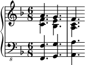 \new PianoStaff <<
      \new Staff <<
         \new Voice \relative c'' {
             \stemUp \clef treble \key f \major \time 6/8
             a4. g f
             }
         \new Voice \relative c' {
             \stemDown
              <c f>4. <bes e> <a c>
              }
            >>
     \new Staff <<
         \new Voice \relative c,, {
             \clef "bass_8" \key f \major \time 6/8
             <f f'>4. <g g'> <a a'>
             }
         >>
    >>