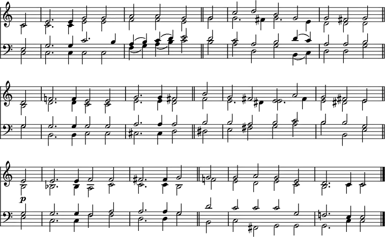 << <<
\new Staff { \clef treble \time 4/2 \partial 2 \key c \major \set Staff.midiInstrument = "flute" \omit Staff.TimeSignature \set Score.tempoHideNote = ##t \override Score.BarNumber  #'transparent = ##t
  \relative c' 
  << { c2 | e2. e4 g2 g | a a g \bar"||"
  g | c d b g | g fis g \bar"||" \break
  d | f!2. f4 e2 e | g2. g4 fis2 \bar"||"
  b | g fis e a | g fis e \bar"||" \break
  e\p | e2. e4 f2 f | fis2. fis4 g2 \bar"||"
  g | g a g e | d2. c4 c2 \bar"|." } \\
  { c2 | c2. c4 e2 e | f f e
  g | g2. fis4 g2. e4 | d2 d d
  b | d2. d4 c2 c | e2. e4 d2
  fis | e2. dis4 e2. fis4 | e2 dis e
  b | bes2. bes4 a2 c | c2. c4 b2 
  f'! | e d e c | b2. c4 c2 } >>
}
\new Lyrics \lyricmode {
}
\new Staff { \clef bass \key c \major \set Staff.midiInstrument = "flute" \omit Staff.TimeSignature
  \relative c
  << { e2 | g2. g4 c2. b4 | a( b) c( d) e2
  d | c a b d4( c) | a2 a b 
  g | g2. g4 g2 g | a2. a4 a2 
  b | b a b c | b b g
  g | g2. g4 f2 a | a2. a4 g2 
  d' | c c c g | f!2. e4 e2 } \\
  { c2 | c2. c4 c2 c | f4( g) a( b) c2 
  b | a d, g b,4( c) | d2 d g
  g | b,2. b4 c2 c | cis2. cis4 d2 
  dis | e fis g a | b b, e
  e | c2. c4 f2 f | d2. d4 g2
  b, | c fis, g g | g2. c4 c2 } >>
}
>> >>
\layout { indent = #0 }
\midi { \tempo 2 = 60 }