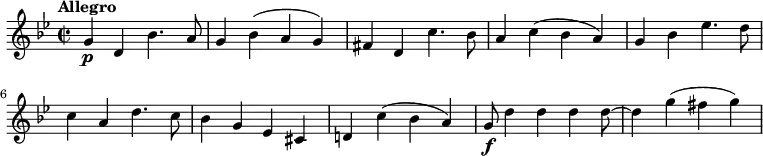 \relative c'' {
     \key bes \major
     \set Score.tempoHideNote = ##t \tempo "Allegro" 4 = 140
     \time 2/2
    g4 \p d bes'4. a8
    g4 bes (a g)
    fis d c'4. bes8
    a4 c (bes a)
    g bes ees4. d8
    c4 a d4. c8
    bes4 g ees cis
    d! c' (bes a)
    g8\f d'4 d d d8~ d4 g (fis g)
  }