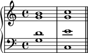 \new PianoStaff <<
      \new Staff <<
         \new Voice \relative c'' {
             \stemUp \clef treble \key c \major \time 4/4
             b1 c
             }
         \new Voice \relative c'' {
             \stemDown
              g1 g
              }
            >>
     \new Staff <<
         \new Voice \relative c' {
             \stemUp \clef bass \key c \major \time 4/4
             d1 e
             }
         \new Voice \relative c' {
             \stemDown
             g1 c, \bar "||"
             }
         >>
    >>