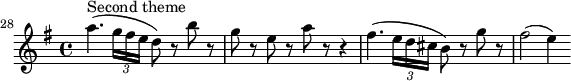 \layout { \set Score.tempoHideNote = ##t line-width = 14\cm }
\relative c''' { 
  \set Staff.midiInstrument = #"string ensemble 1"
  \tempo 4 = 148
  \key g \major
  \time 4/4
  \override Score.BarNumber.break-visibility = ##(#f #f #t)
  \set Score.currentBarNumber = #28 \bar ""
  a4.^"Second theme" (\tuplet 3/2 { g16 fis e } d8) r b' r | g r e r a r r4 | fis4. (\tuplet 3/2 { e16 d cis } b8) r g' r | fis2 (e4)
}