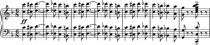 
{
{ \new PianoStaff <<
  \new Staff {
    \relative c'' {
       \set Score.tempoHideNote = ##t \tempo 4. = 120
       \clef treble \time 6/8 \key f \major 
       <c c'>4\ff <cis cis'>8 <d d'>4.~ 
       <d d'>4 <des des'>8 <c c'>4 <b b'>8 
       <c c'>4 <cis cis'>8 <d d'>4.~ 
       <d d'>4 <des des'>8 <c c'>4 <b b'>8
       <c c'>4 <cis cis'>8 <d d'>4 <des des'>8 
       <c c'>4 <b b'>8 <bes bes'>4 <a a'>8
       <g g'>8 r r <c e g bes c>-> r r
       }
  }
  \new Staff { 
    \relative c {
       \clef bass \time 6/8 \key f \major 
       <c c'>4 <cis cis'>8 <d d'>4.~ 
       <d d'>4 <des des'>8 <c c'>4 <b b'>8 
       <c c'>4 <cis cis'>8 <d d'>4.~ 
       <d d'>4 <des des'>8 <c c'>4 <b b'>8
       <c c'>4 <cis cis'>8 <d d'>4 <des des'>8 
       <c c'>4 <b b'>8 <bes bes'>4 <a a'>8
       <g g'>8 r r <c, c' c'>-> r r
       }
  }
>> } }
