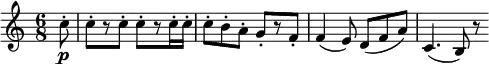 
\relative c'' {
\key c \major \time 6/8
\partial 8 c8-. \p | c8-.[ r c-.] c-.[ r c16-. c-.] | c8-. b-. a-. g-.[ r f-.]
f4( e8) d( f a) | c,4.( b8) r
} 