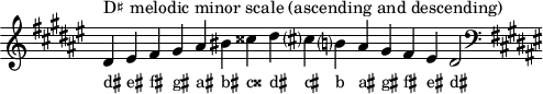 \header { tagline = ##f }
scale = \relative b {\accidentalStyle modern \key dis \minor \omit Score.TimeSignature
  dis^"D♯ melodic minor scale (ascending and descending)" eis fis gis ais bis cisis dis cis? b? ais gis fis eis dis2 \clef F \key dis \minor }
\score { { << \cadenzaOn \scale \context NoteNames \scale >> } \layout { } \midi { } }
