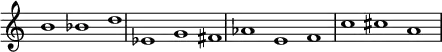 {
\override Score.TimeSignature
#'stencil = ##f
\override Score.SpacingSpanner.strict-note-spacing = ##t
  \set Score.proportionalNotationDuration = #(ly:make-moment 3/2)
    \relative c'' {
        \time 3/1
        \set Score.tempoHideNote = ##t \tempo 1 = 60
        b1 bes d
        es, g fis
        aes e f
        c' cis a
    }
}