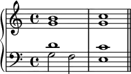 \new PianoStaff <<
      \new Staff <<
         \new Voice \relative c'' {
             \stemUp \clef treble \key c \major \time 4/4
             b1 c1
             }
         \new Voice \relative c'' {
             \stemDown
              g1 g1
              }
            >>
     \new Staff <<
         \new Voice \relative c' {
             \stemUp \clef bass \key c \major \time 4/4
             d1 c1
             }
         \new Voice \relative c' {
             \stemDown
             g2 f e1 \bar "||"
             }
         >>
    >>
