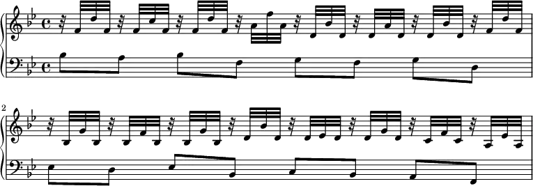 \language "english"
{
 <<
   \new PianoStaff <<
     \new Staff \relative c' {\key bf \major r32 f d' f, r f c' f, r f d' f, r a f' a, r d, bf' d, r d a' d, r d bf' d, r f d' f,|
     r bf, g' bf, r bf f' bf, r bf g' bf, r d bf' d, r d ef d r d g d r c f c r a ef' a,}
     \new Staff \relative c' {\key bf \major \clef bass bf8 [a] bf [f] g [f] g [d]
     ef [d] ef [bf] c [bf] a [f]}
    >>
 >>
}