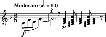 \relative c'' { \clef treble \key d \minor \time 6/8 \tempo "Moderato" 4. = 60 << { s2. | r4 r8 <a f d>4\p <c g e cis>8 } \\ { d,8\f( g e a4.)~ | a2. } >> <a f d>4 <c g e cis>8 <a f d>4 r8 }