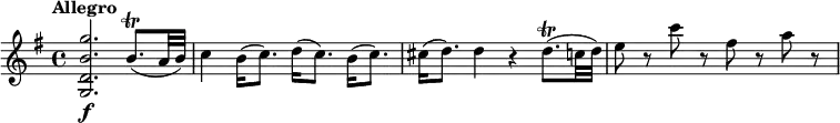 \relative c' {
  \override Score.NonMusicalPaperColumn #'line-break-permission = ##f
  \tempo "Allegro"
  \key g \major
  <g d' b' g'>2.\f b'8.\trill( a32 b) |
  c4 b16( c8.) d16( c8.) b16( c8.) |
  cis16( d8.) d4 r d8.\trill( c32 d) |
  e8 r c' r fis, r a r |
}