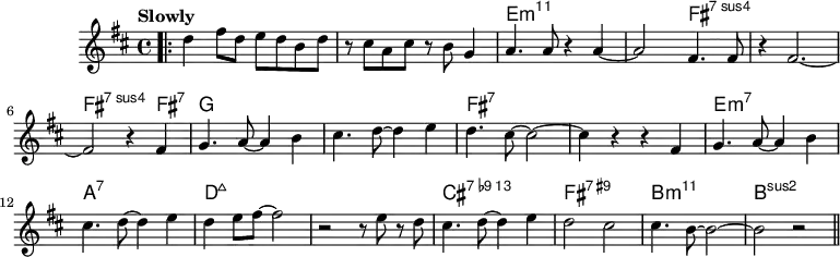 \version "2.22.0"
\header { tagline = "" }
global = {
  \time 4/4
  \key d \major
  \set Score.tempoHideNote = ##t
  % The Real Book says "Slowly", so it is reproduced here.
  % The MIDI tempo, however, is set to the speed of Chick
  % Corea's recordings; that is, quarter note at 230 BPM.
  \tempo "Slowly" 4=230
  \set chordChanges = ##t
}
chordNames = \transpose c c, \chordmode {
  \global
  s1 |
  s1 |
  e1:m11~ |
  e2:m11 fis2:7sus4~ |
  fis1:7sus4~ |
  fis2.:7sus4 fis4:7|
  g1~ |
  g1 |
  fis1:7~ |
  fis1:7 |
  e1:m7 |
  a1:7 |
  d1:maj7~ |
  d1:maj7 |
  cis1:13.9- |
  fis1:7.9+ |
  b1:m11 |
  b1:sus2
}
melody = \relative c'' {
  \bar ".|:"
  d4 fis8 d e d b d |
  r8 cis a cis r b g4 |
  a4. a8 r4 a4~ |
  a2 fis4. fis8 |
  r4 fis2.~ |
  fis2 r4 fis |
  g4. a8~ a4 b |
  cis4. d8~ d4 e |
  d4. cis8~ cis2~ |
  cis4 r r fis, |
  g4. a8~ a4 b |
  cis4. d8~ d4 e |
  d e8 fis~ fis2 |
  r2 r8 e r d |
  cis4. d8~ d4 e |
  d2 cis |
  cis4. b8~ b2~ |
  b2 r |
  \bar "||"
}
\score {
  <<
    \new ChordNames \chordNames
    \new Staff {
      \global
      \melody
    }
  >>
  \layout { }
}
\score {
  \unfoldRepeats
  <<
    \new ChordNames \chordNames
    \new Staff {
      \global
      \melody
    }
  >>
  \midi { }
}