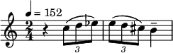 \relative c'' { \set Staff.midiInstrument = #"violin"
  \tempo 4 = 152
  \key c \major
  \time 2/4
  r4
  \tuplet 3/2 { c8( d es) }
  \tuplet 3/2 { e8( d cis) } b4--
}