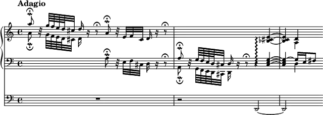 \new Score <<
  \new PianoStaff <<
    \new Staff \with { \magnifyStaff #3/4 } <<
      \new Voice \relative c''' {
        \set PianoStaff.connectArpeggios = ##t
        \override Score.NonMusicalPaperColumn #'line-break-permission = ##f
        \tempo Adagio
        \voiceOne
        a8 \fermata \mordent b,32 \rest g'64 f e d cis32 d16 b \rest b8 \rest \fermata
        a \fermata \mordent b32 \rest e, f cis d16 b' \rest b8 \rest \fermata |
        s2. \oneVoice <bes, cis e>4 ~ \arpeggio
        <bes cis e>4 d
      }
      \new Voice \relative c'' {
        \voiceTwo
        a8 \fermata \mordent s32 g64 f e d cis32 d16 s8. s2 |
        s1
        s4 a
      }
    >>
    \new Staff \with { \magnifyStaff #3/4 } <<
      \new Voice \relative c' {
        \clef "bass"
        s2 a8 \fermata \mordent d,32 \rest e f cis d16 d \rest d8 \rest \fermata |
        \voiceOne
        a'8 \fermata \mordent d,32 \rest g64 f e d cis32 d16 d16 \rest d8 \rest \fermata d4 \rest <cis e g>4 ~ \arpeggio |
        <cis e g> ~ g'16 e fis8
      }
      \new Voice \relative c {
        \voiceTwo
        s1
        a8 \fermata \mordent s32 g64 f e d cis32 d16 s8. s2 |
        s4 d'4
      }
    >>
  >>
  \new Staff \with { \magnifyStaff #3/4 } \relative c, {
    \clef "bass"
    R1 |
    r2  d ~ |
    d
  }
>>