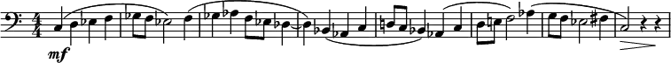 \language "english"
\relative c''
{ \clef "bass"
\numericTimeSignature
\tempo 4 = 63
\set Staff.midiInstrument=#"cello"
\time 4/4
\set Score.tempoHideNote = ##t
\tieDown
c,,4(\mf d4 ef4 f4 % 1
gf8 f8 ef2) f4( % 2
gf4 af4 f8 ef8 df4 ~ % 3
df4) bf4( af4 c % 4
d!8 c8 bf4) af4( c4 % 5
d8 e!8 f2) af4( % 6
g8 f8 ef2 fs4 % 7
c2)\> r4 r4 \! % 8
}
