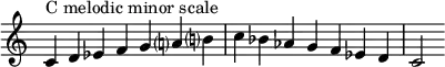 {
\override Score.TimeSignature #'stencil = ##f
\relative c' { 
  \clef treble \time 7/4
  c4^\markup { C melodic minor scale } d es f g a!? b!?
  c bes aes g f es d
  c2
  }
}